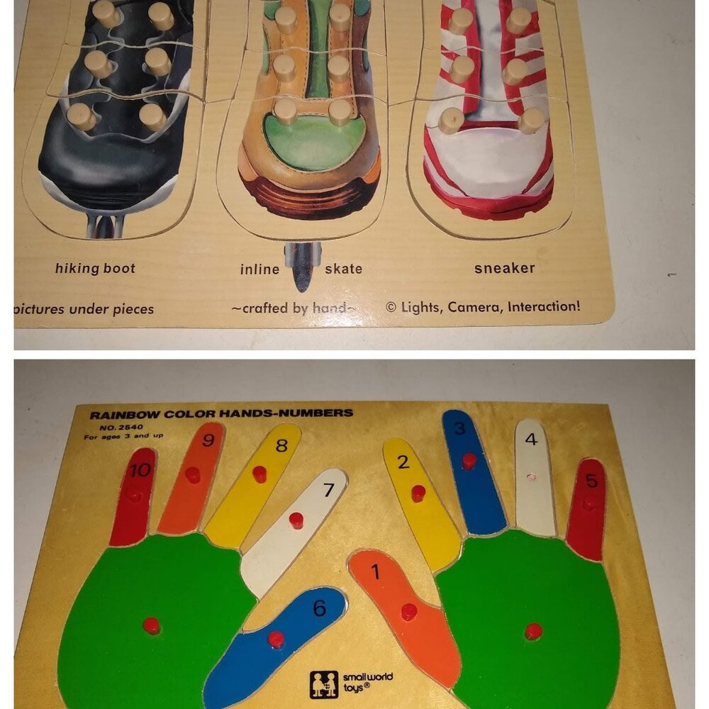 Melissa & Doug  Wooden Peg Puzzles: Shoes lacing , Hands counting. Vintage